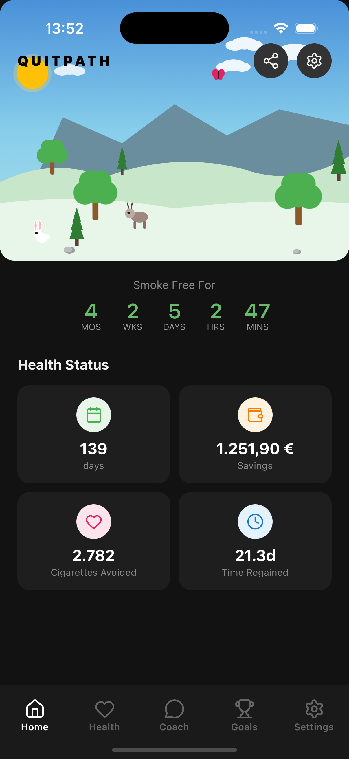QuitPath app showing smoke-free progress tracker